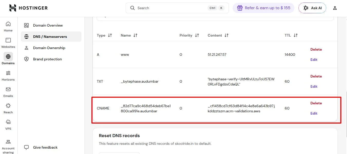 Hostinger DNS panel with the SSL validation CNAME record added