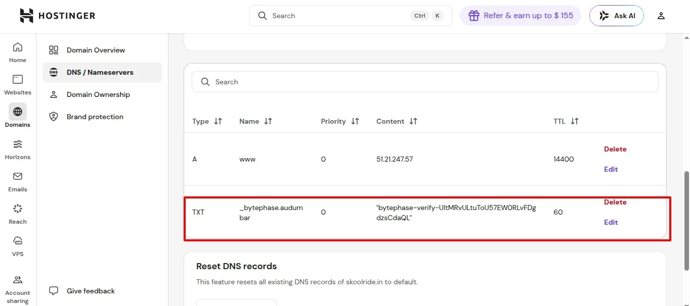 Hostinger DNS panel with the TXT ownership verification record added