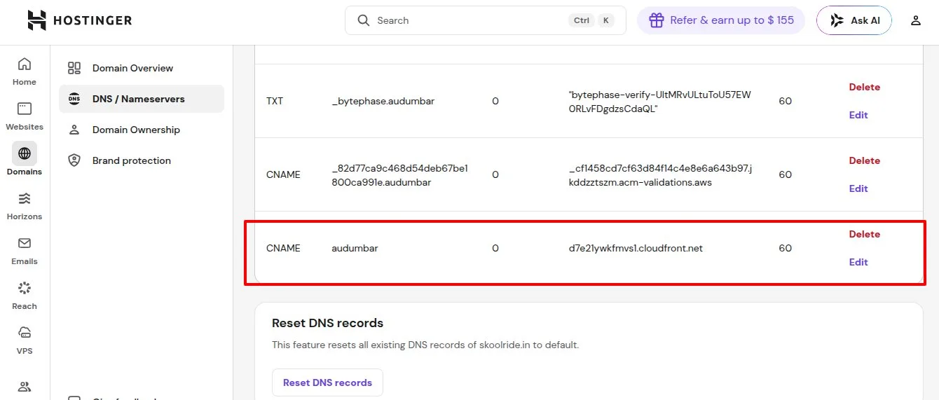 Hostinger DNS panel with the final CNAME record pointing to CloudFront