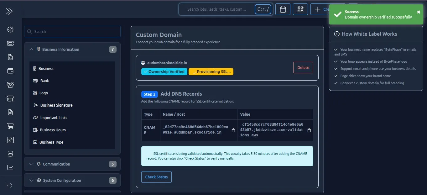 BytePhase CRM showing ownership verified and the SSL validation CNAME record to add
