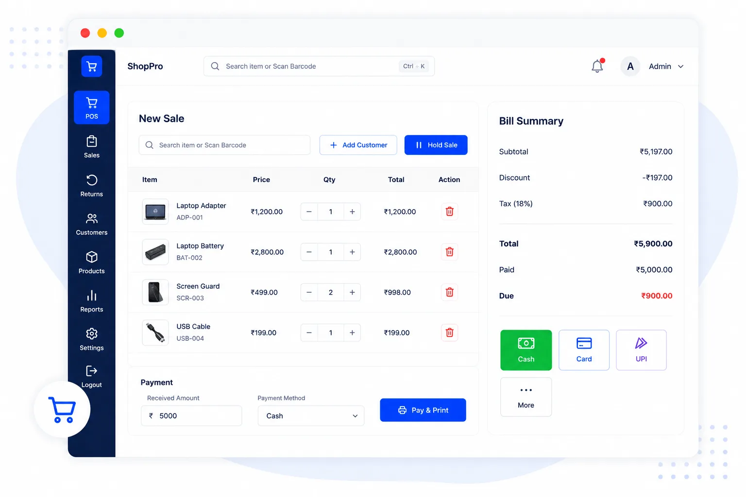 Invoicing and counter billing point of sale screen in BytePhase