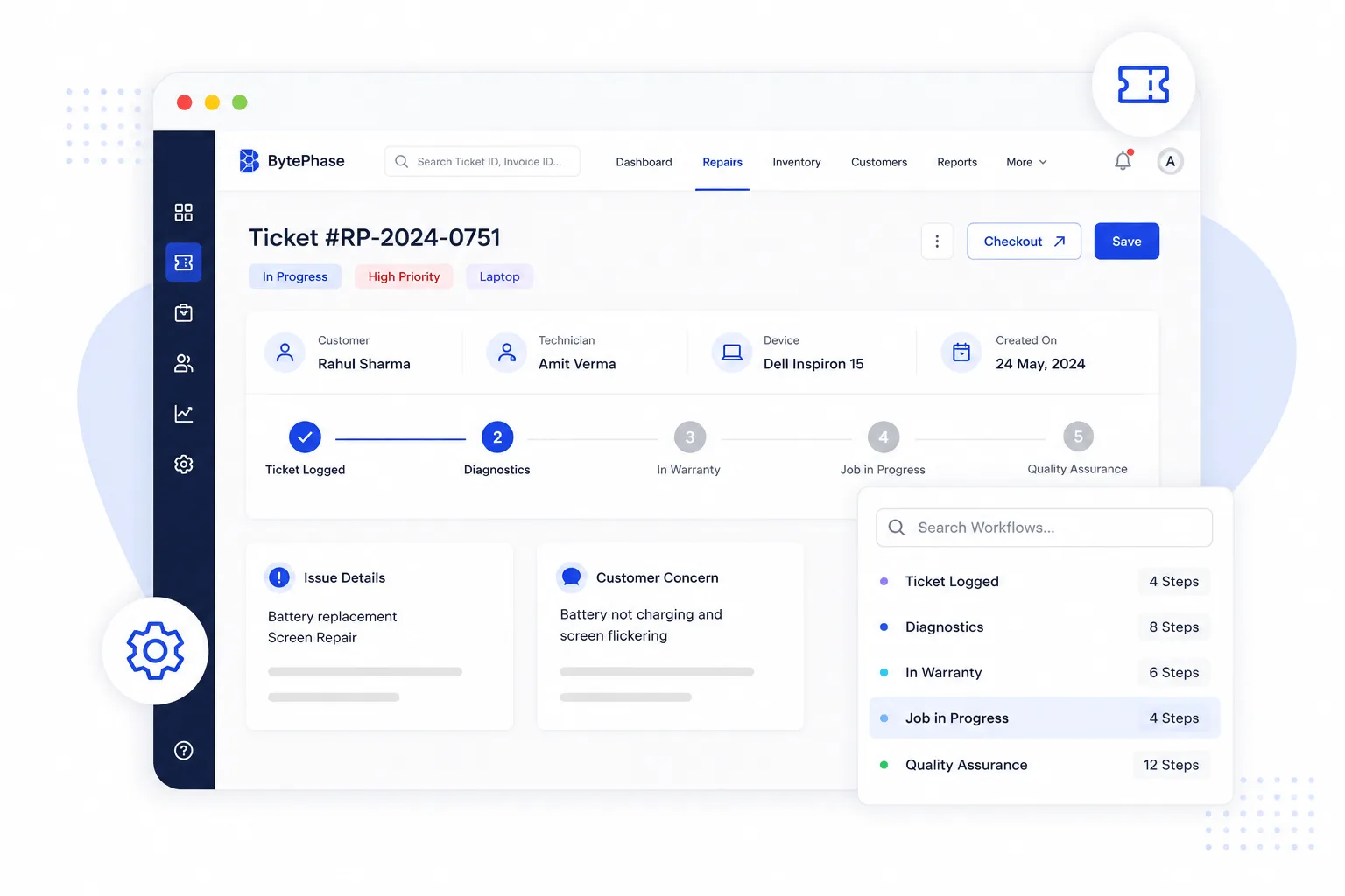 Digital repair ticket management screen in BytePhase repair shop software