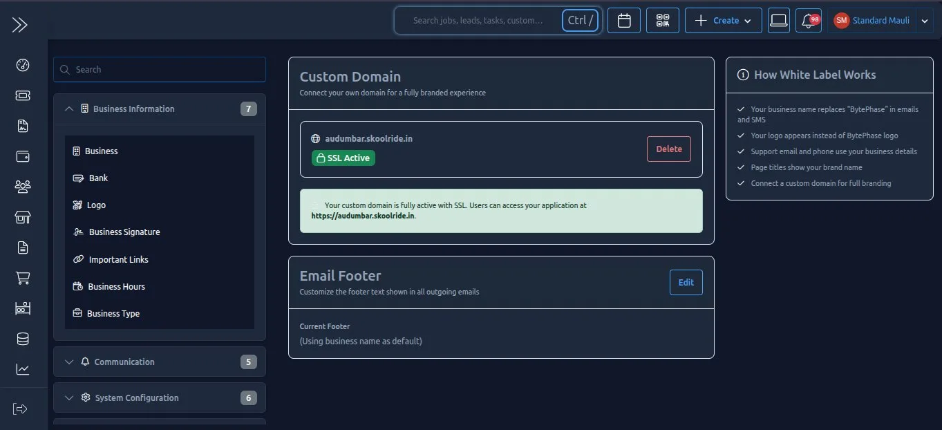 BytePhase CRM showing SSL Active status with the custom domain fully live