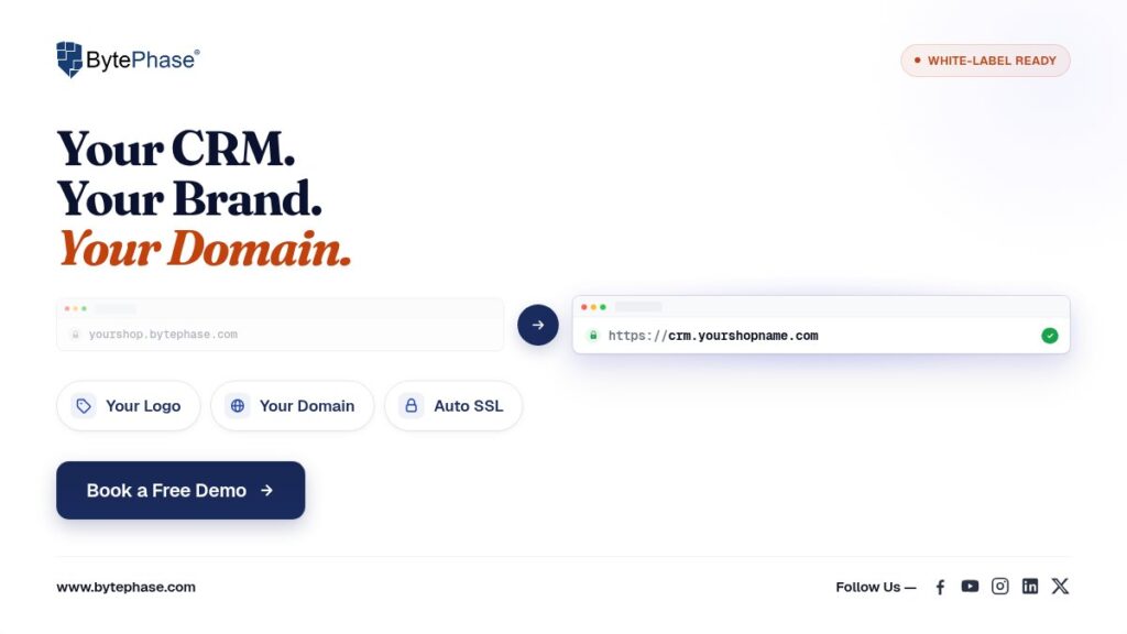Your CRM. Your brand. Your domain. — BytePhase white-label, with auto-issued SS