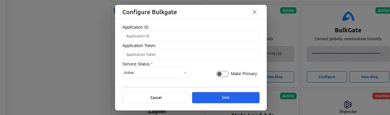 BulkGate configuration panel in BytePhase with the Application ID and Application Token fields