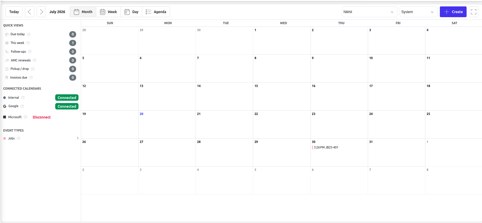 BytePhase Calendar — Month view with internal job events