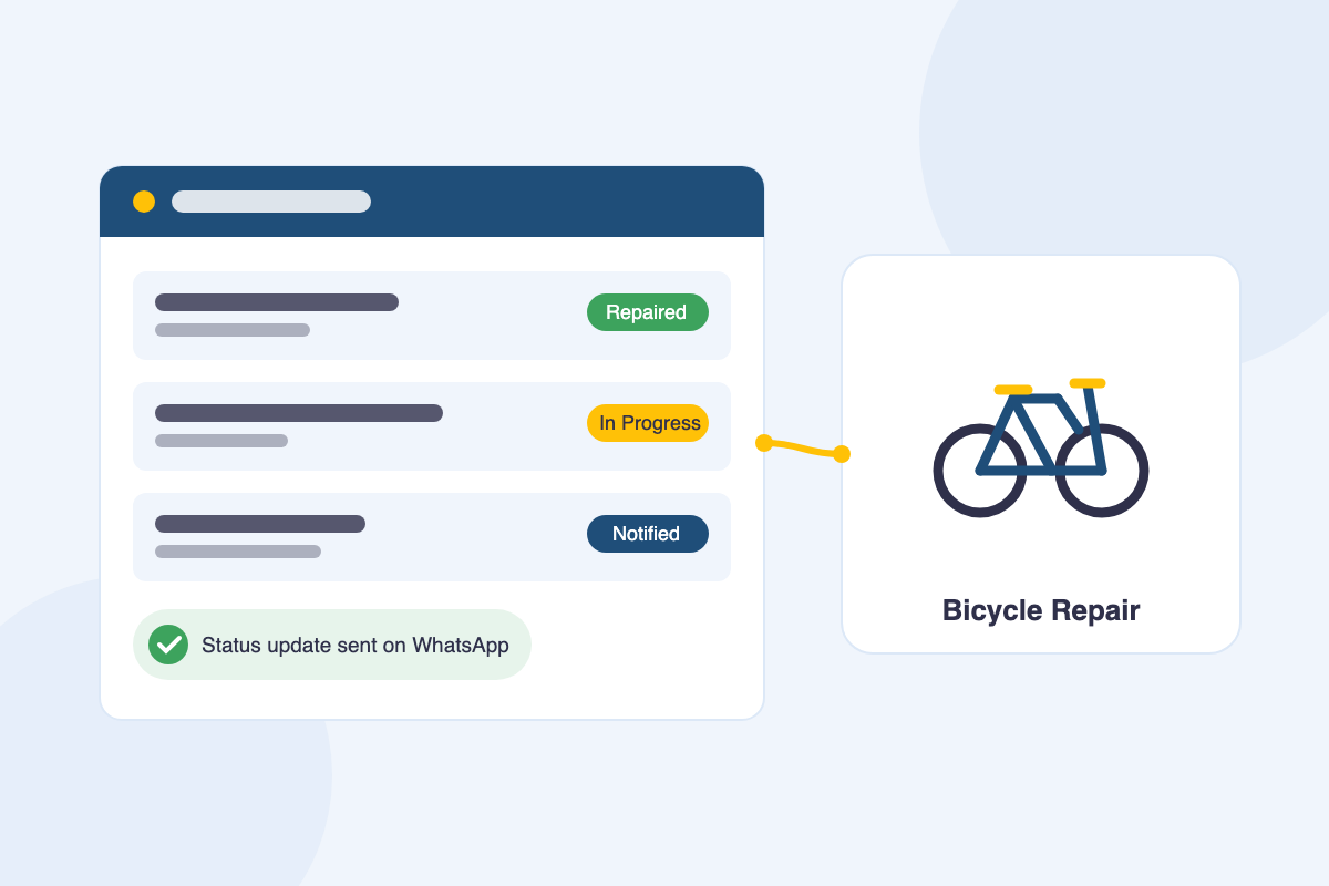 Bicycle repair shop software dashboard shown beside a bike on a repair stand