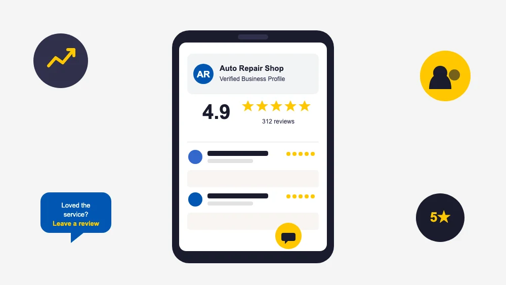 Auto repair shop Google Business Profile on a phone showing a 4.9-star rating and customer reviews for reputation marketing
