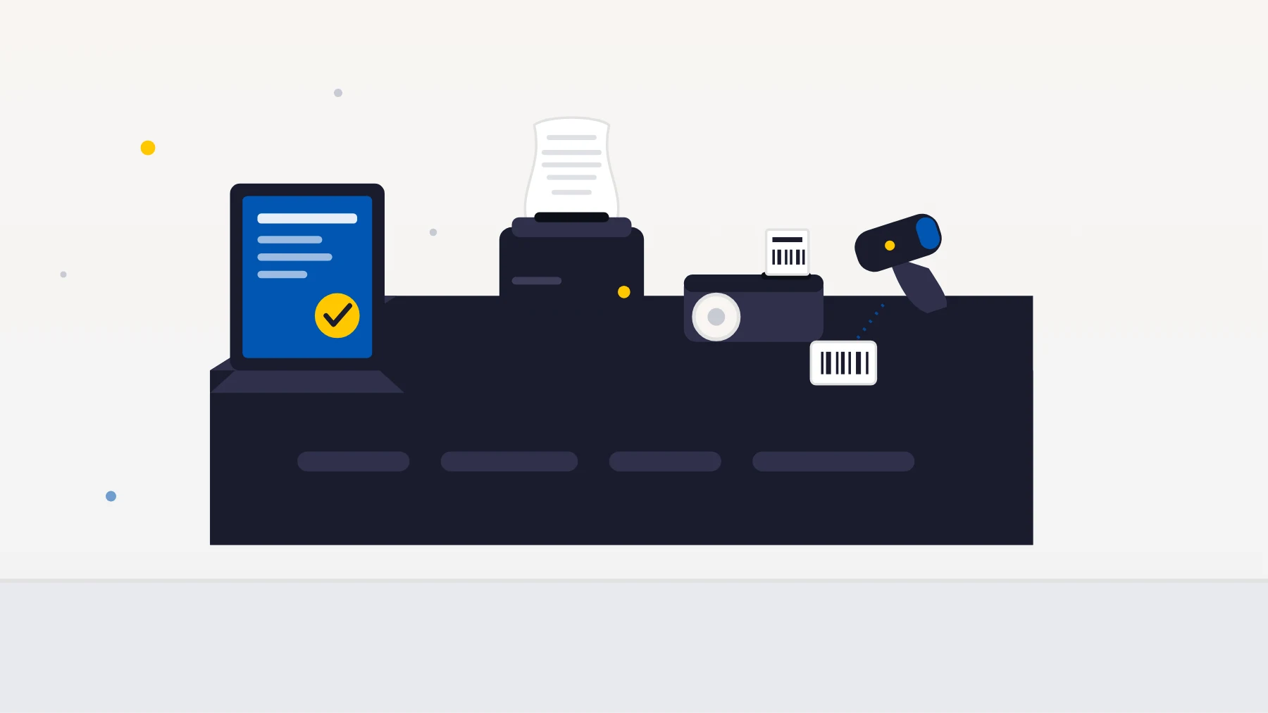 Repair shop counter with a thermal receipt printer, barcode scanner and label printer