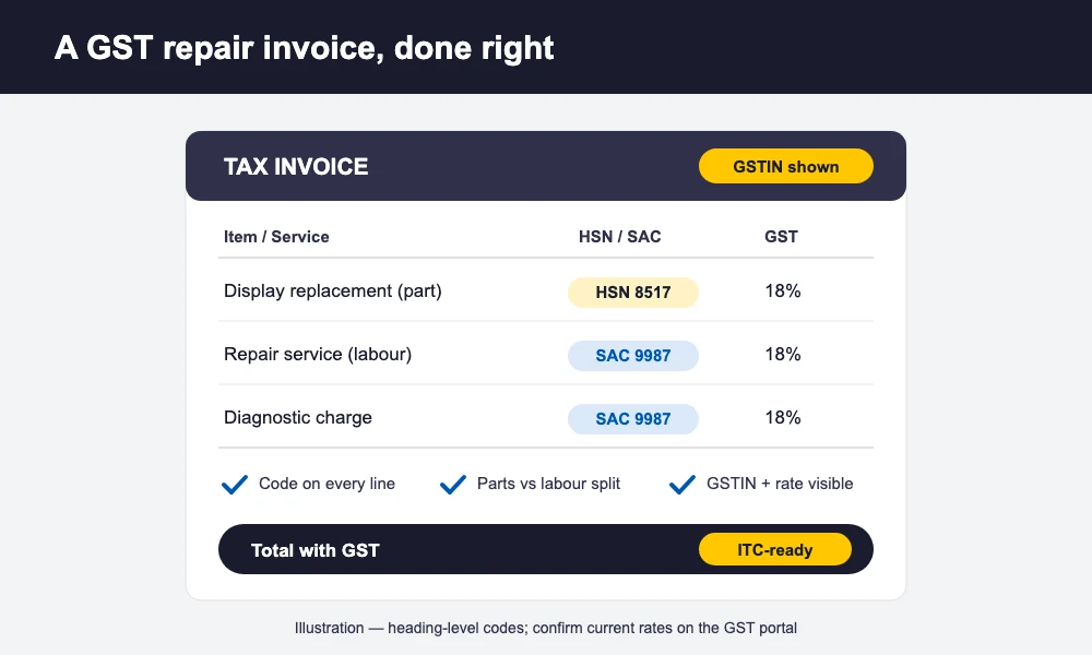 Repair invoice showing HSN and SAC codes listed against parts and labour line items