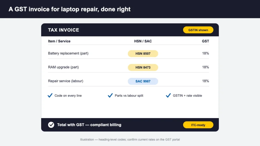 Laptop repair invoice showing HSN and SAC codes per line item Repair invoice with an HSN code on the parts line and SAC 9987 on the labour line