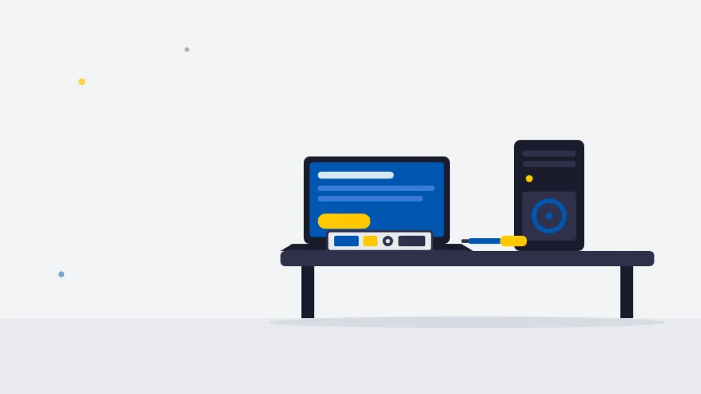 Illustration of a repair technician's workbench with a laptop, tools and diagnostic equipment for starting a computer repair business