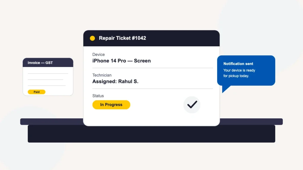 Repair ticket software overview illustration Repair ticket software dashboard showing a digital ticket, technician assignment, status and a customer WhatsApp notification