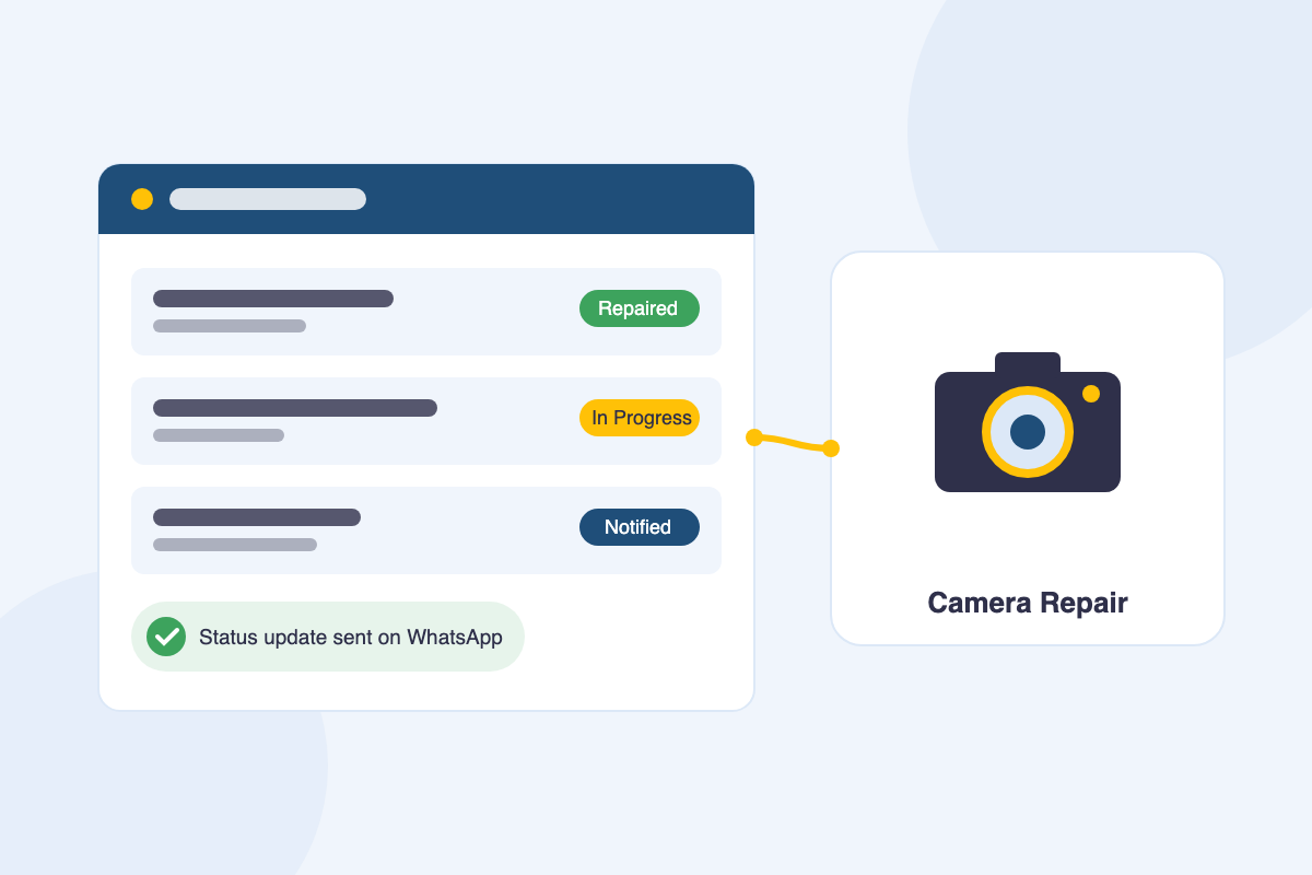 Camera repair shop software dashboard tracking DSLR and lens repair tickets