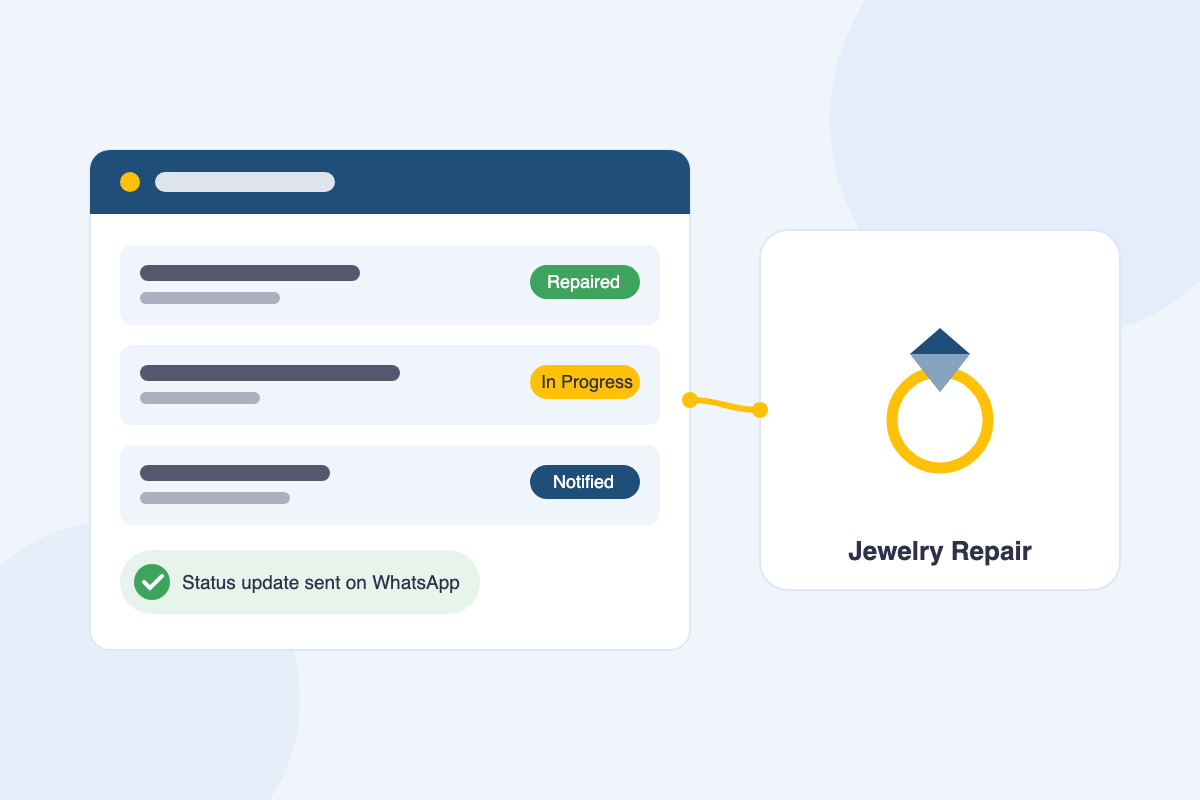 Jewelry repair shop software dashboard beside a jeweler's workbench with tools