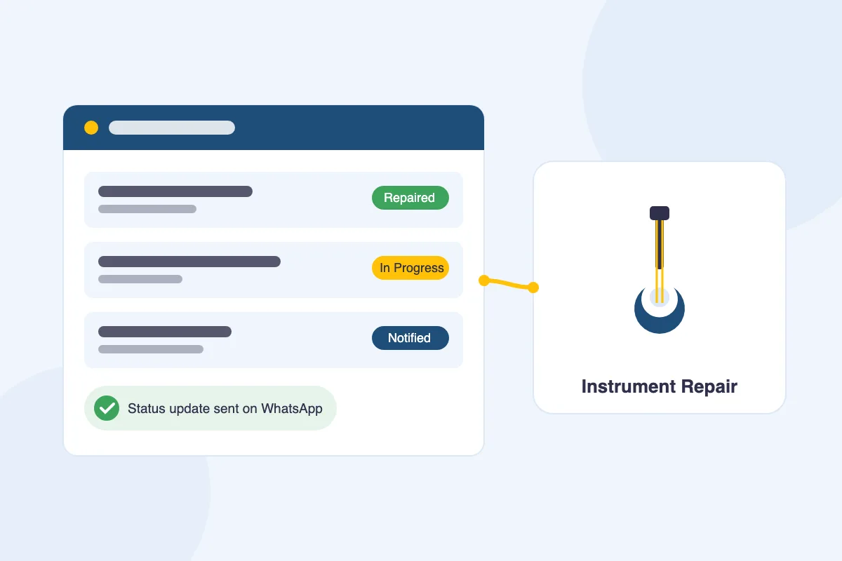 Musical instrument repair software dashboard beside a guitar on a luthier's workbench