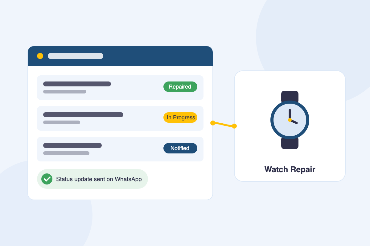 Watch repair shop software dashboard next to a watchmaker's bench with tools