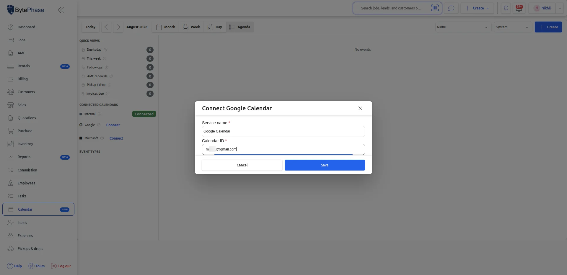 Calendar-add Pasting the Calendar ID into the BytePhase Connect Google Calendar popup