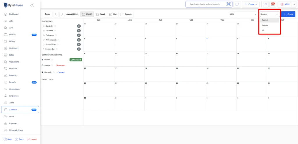 Google Calendar events successfully syncing on the BytePhase Calendar page