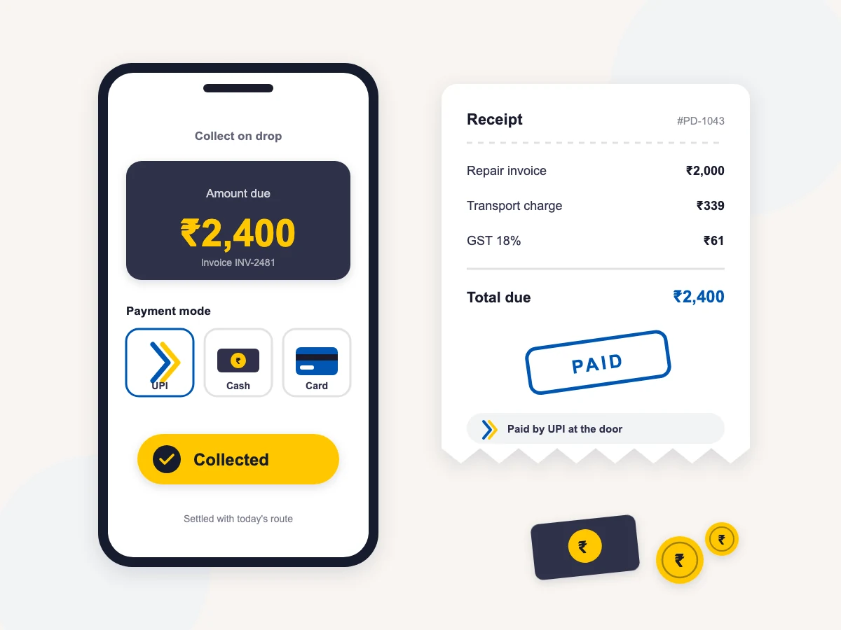 Cash-on-delivery collection and GST transport charges in pickup and drop software