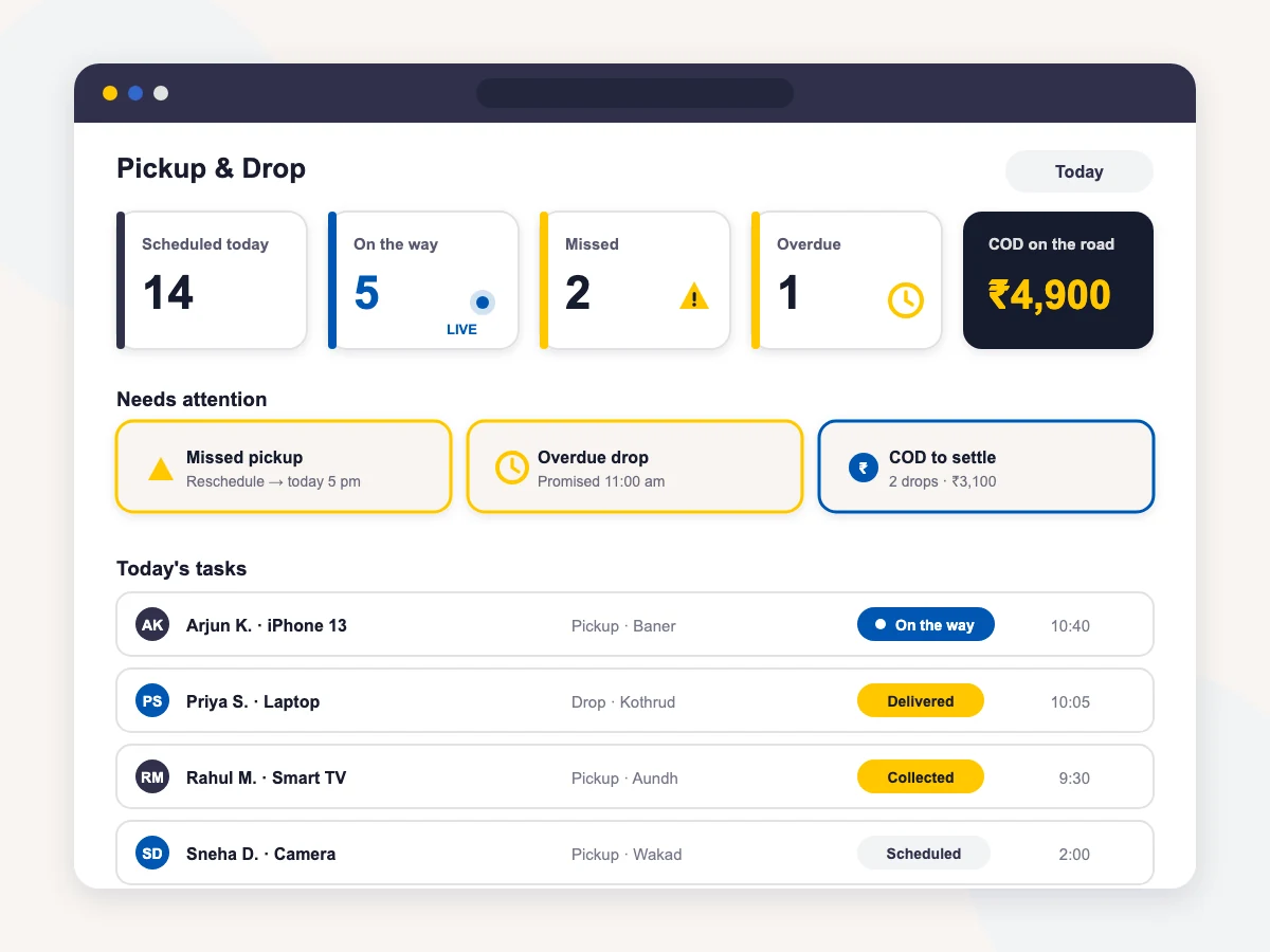 Pickup and drop dispatch board with live KPIs and attention queue for repair shops