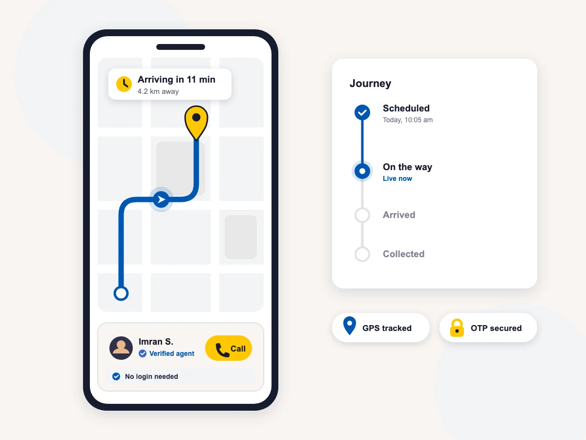 Live GPS tracking link for device pickup and delivery — no login needed