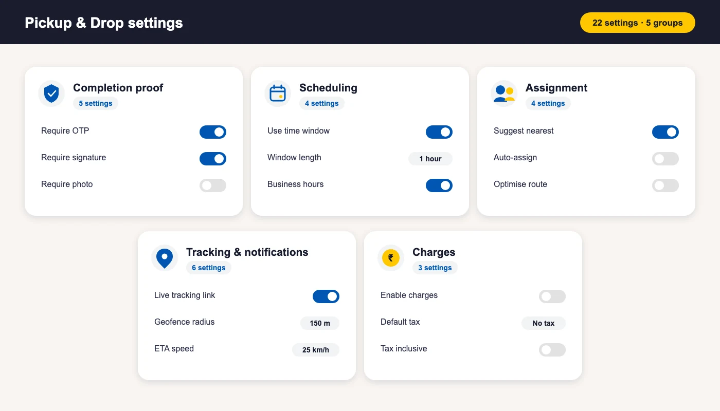 All 22 BytePhase pickup and drop settings across five groups