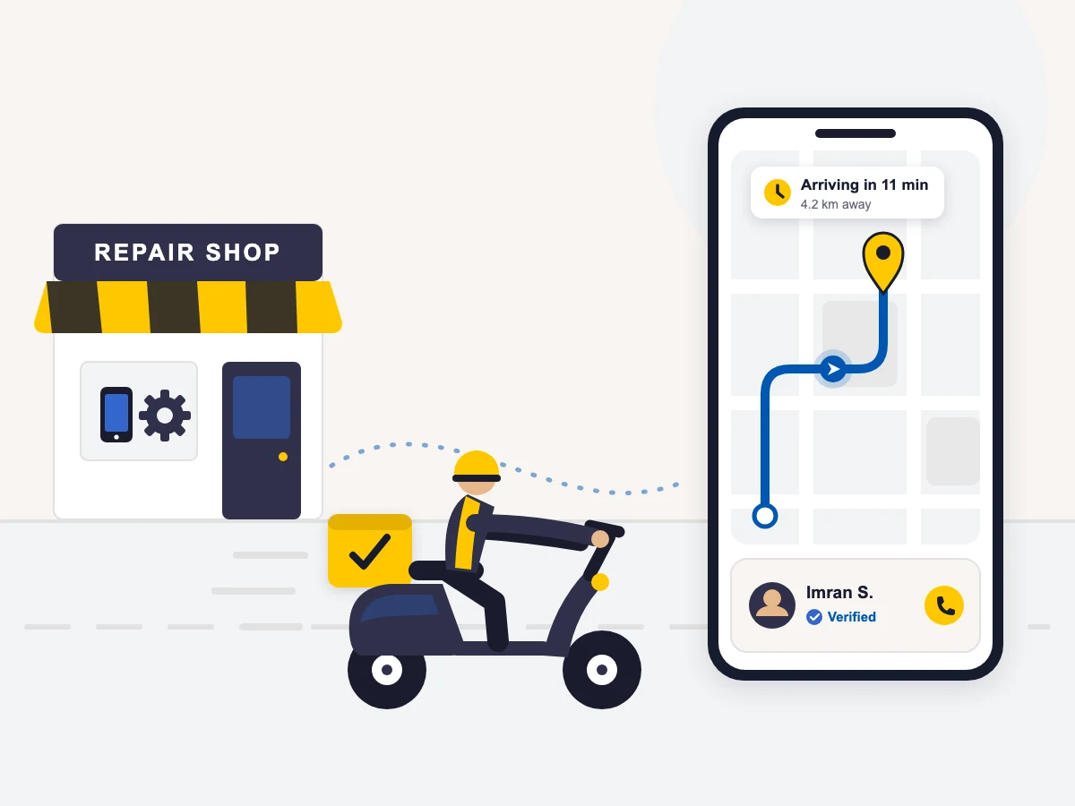 BytePhase pickup and drop software for repair shops — customer tracking a doorstep pickup on a live GPS map