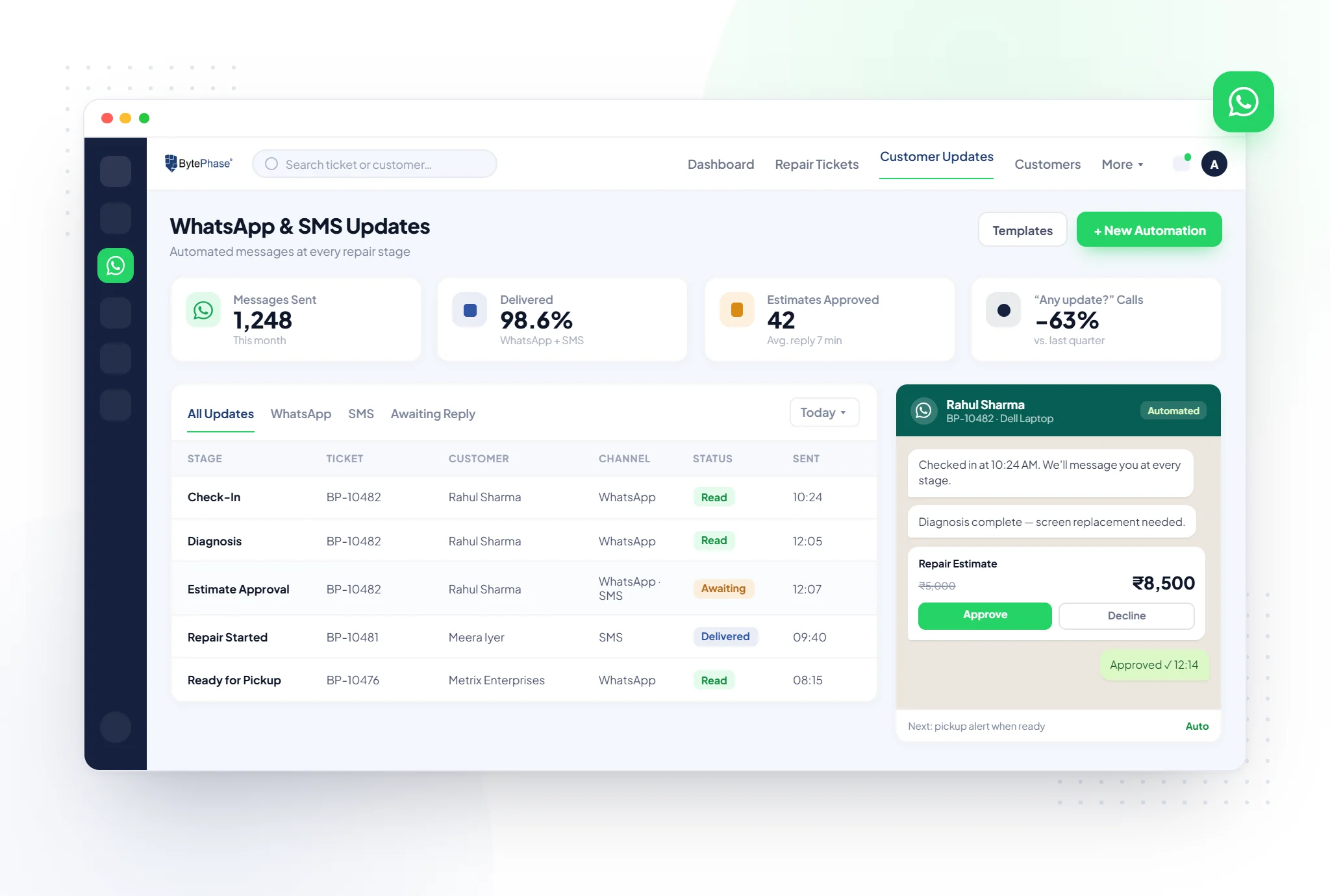bytephase-whatsapp-updates WhatsApp & SMS Updates for Every Repair Stage — BytePhase
