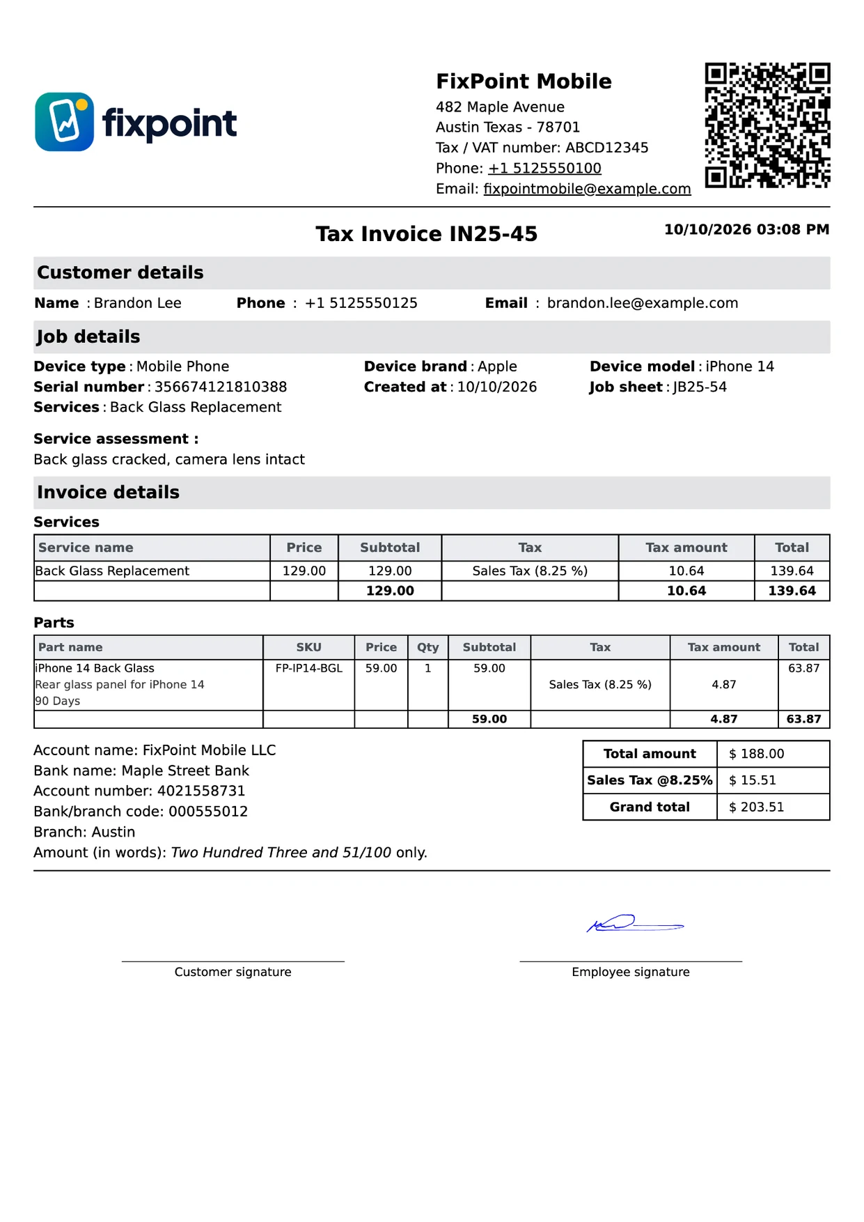 A4 tax invoice printed from BytePhase with services, parts, tax breakdown, bank details and grand total
