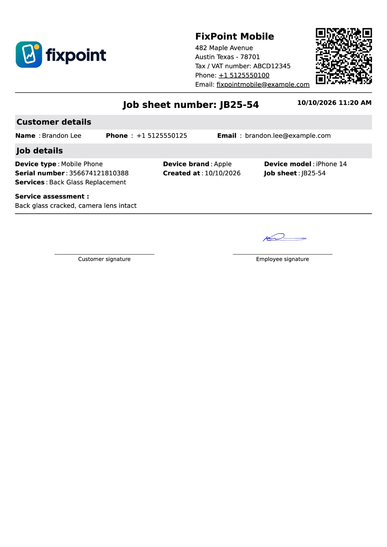 A4 job sheet printed from BytePhase with customer and device details, terms, signature lines and a technician copy