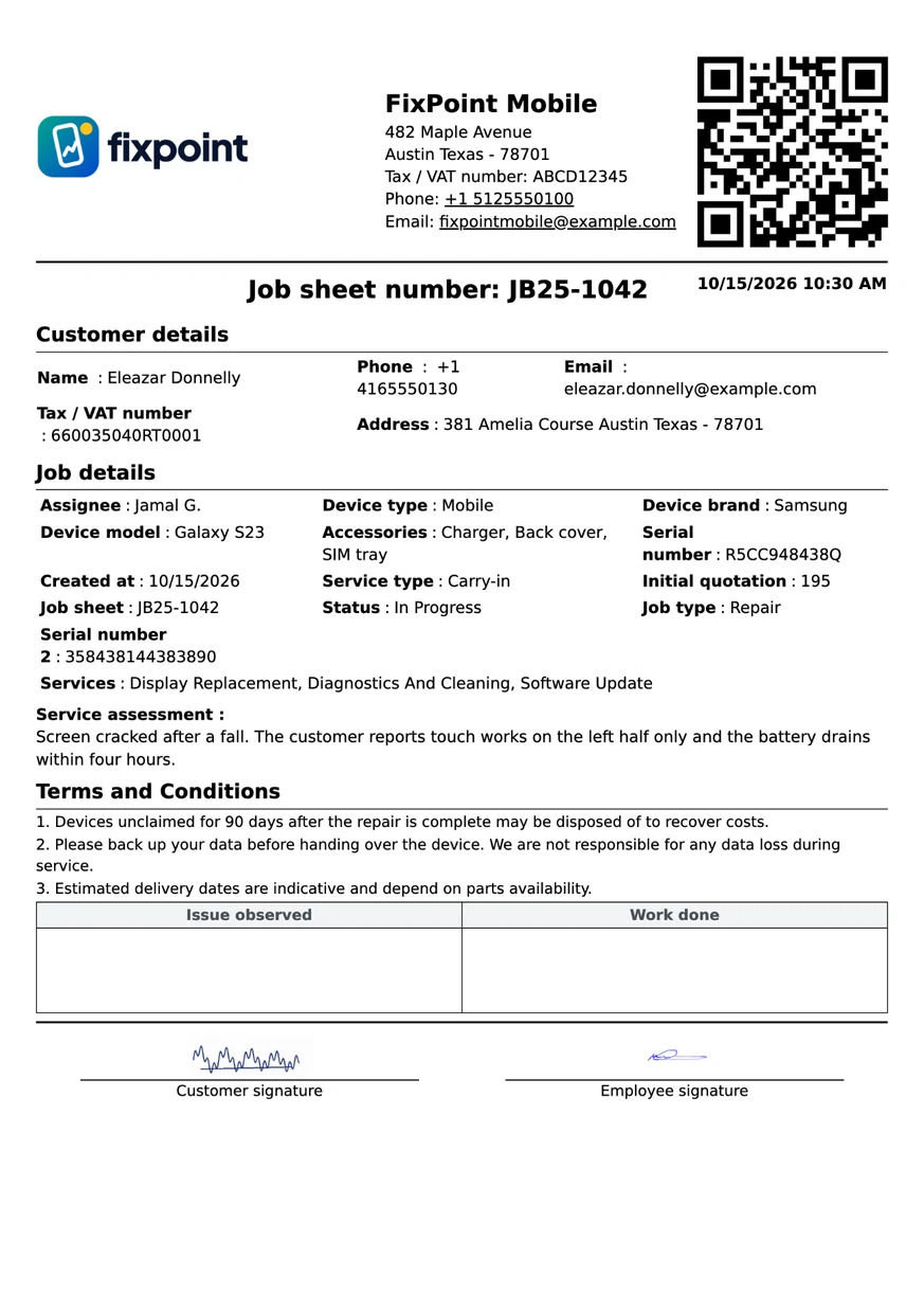 Half-page A5 job sheet printed from BytePhase with shop details, tracking QR, customer and device details and the service assessment