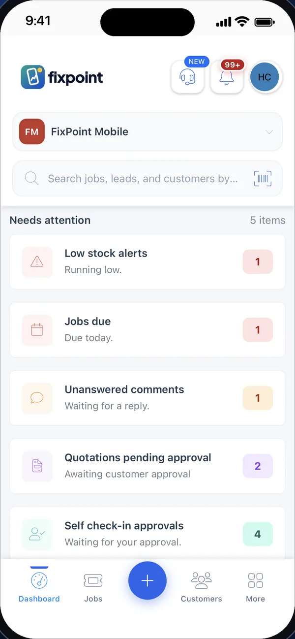BytePhase mobile app home screen: jobs due, low-stock alerts, unanswered comments and quotations awaiting approval