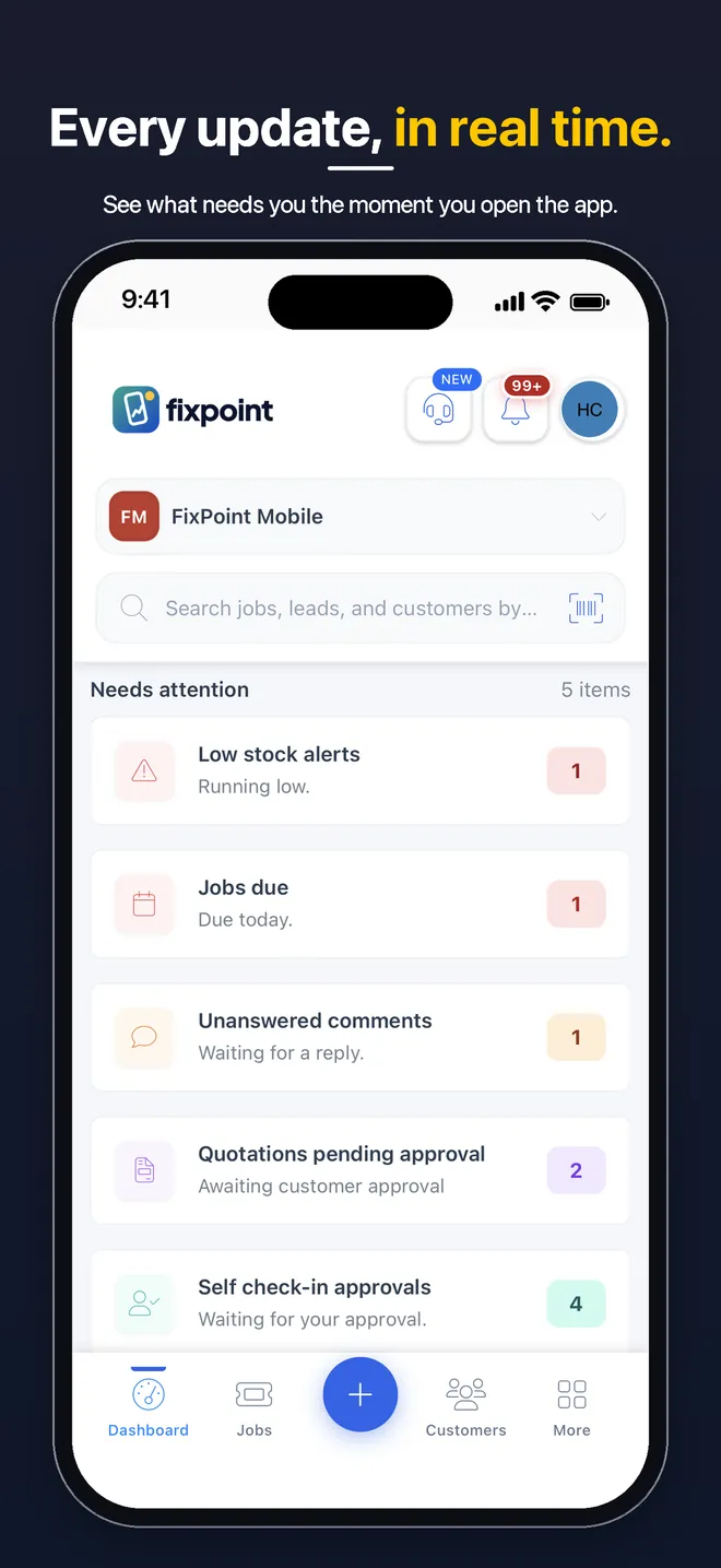 BytePhase mobile app — Home screen: jobs due, low-stock alerts, unanswered comments and quotations awaiting approval