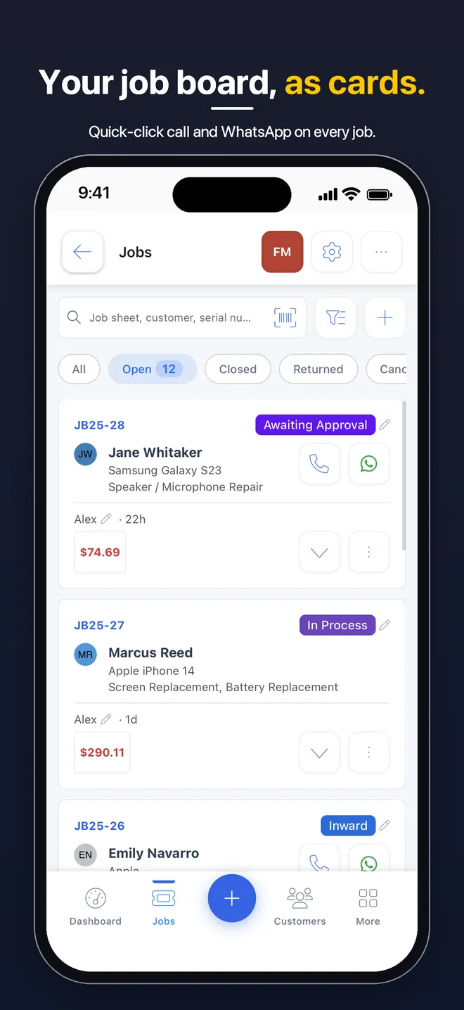 BytePhase mobile app — Job list as cards with status, customer, device, technician, amount, and call and WhatsApp buttons