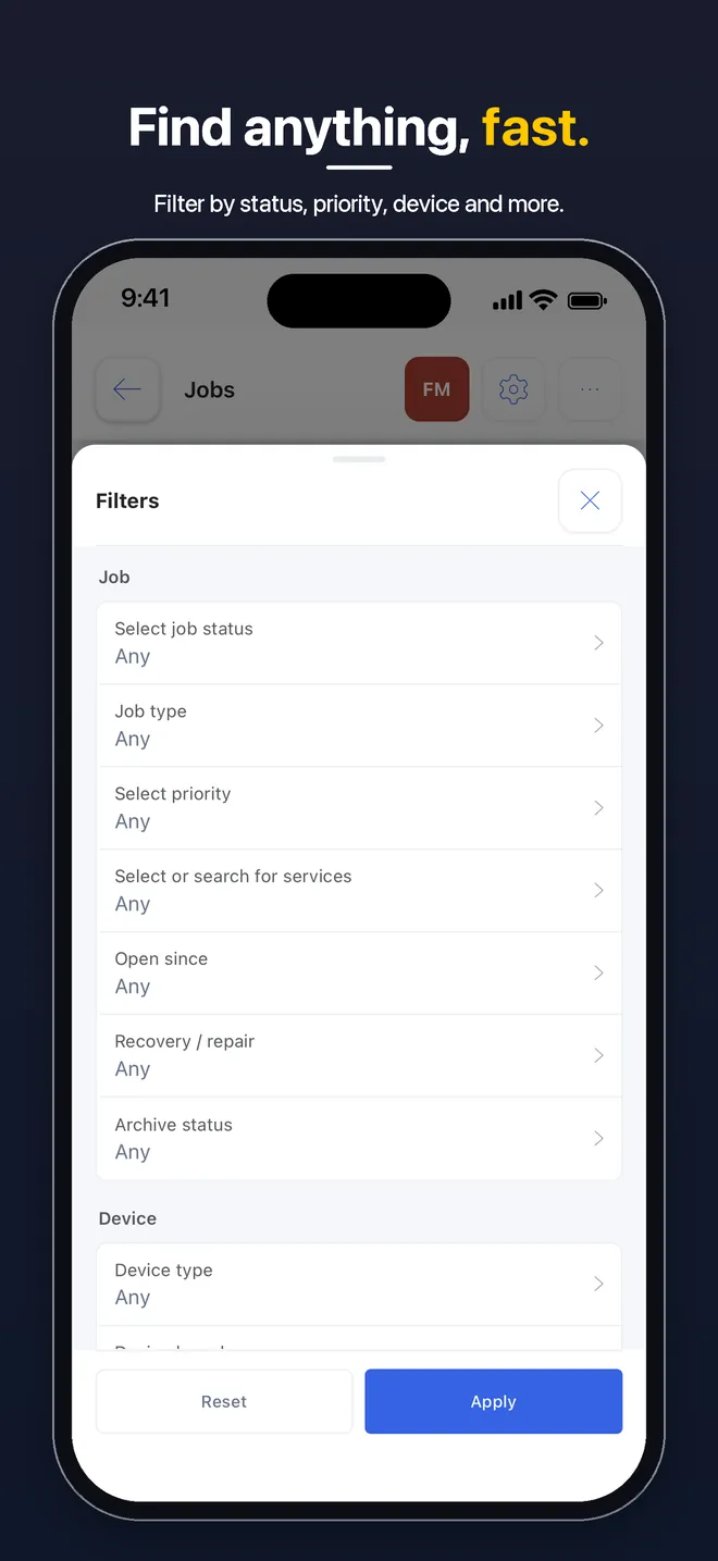 BytePhase mobile app — Job filters by status, job type, priority, services, open since, recovery or repair and device