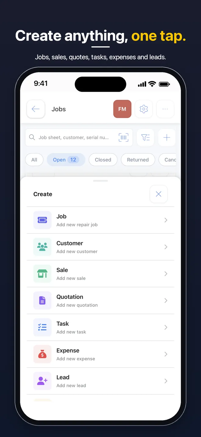 BytePhase mobile app — Create menu: job, customer, sale, quotation, task, expense and lead in one tap