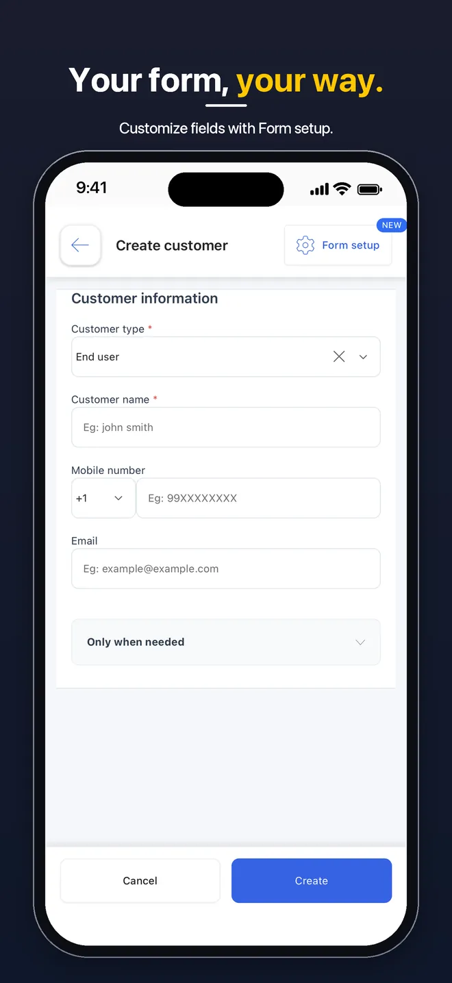 BytePhase mobile app — Create customer form with customer type, name, mobile number, email and form setup
