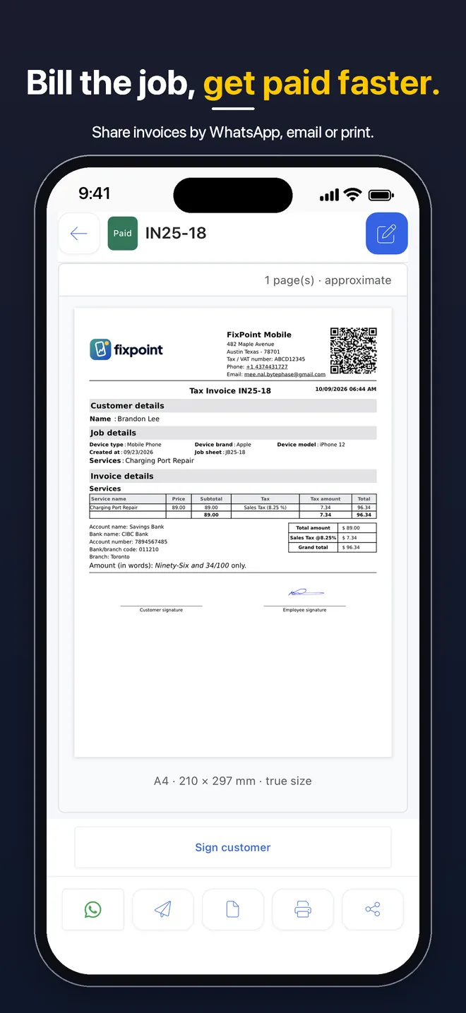 BytePhase mobile app — Tax invoice preview shared by WhatsApp, email or print, with customer signature