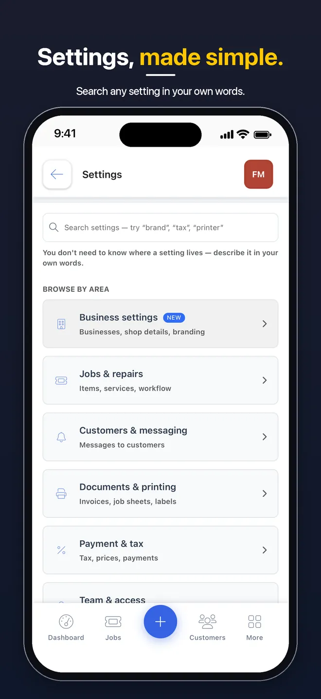 BytePhase mobile app — Settings search and areas: business, jobs and repairs, messaging, documents and printing, payment and tax