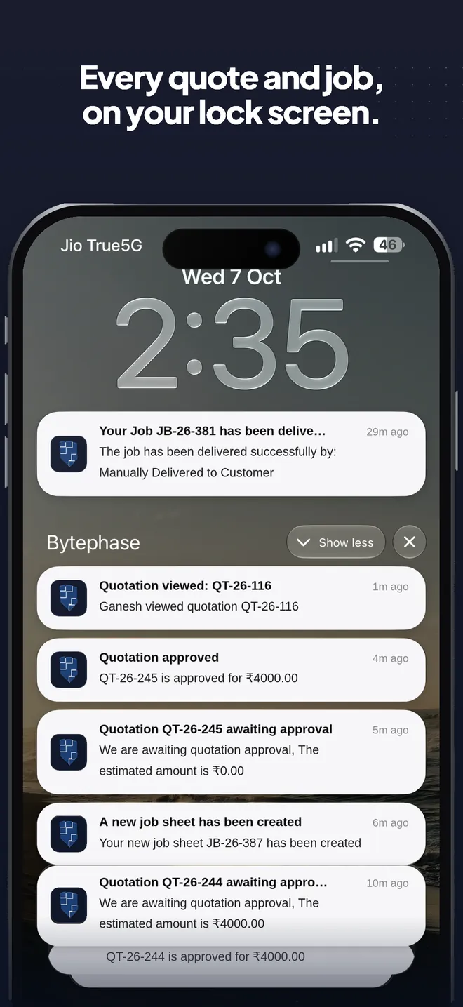 BytePhase mobile app — Lock-screen push notifications for job delivery, quotation views, approvals and new job sheets
