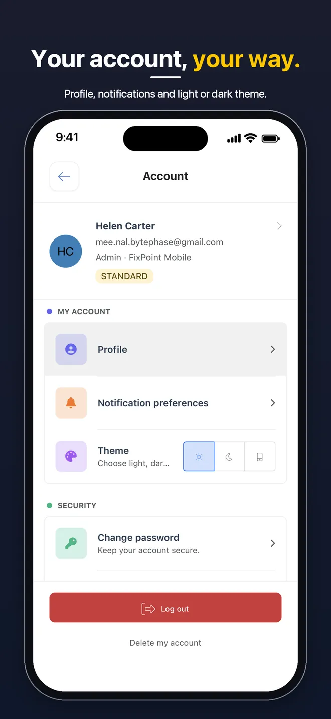 BytePhase mobile app — Account screen with profile, notification preferences, light or dark theme and password