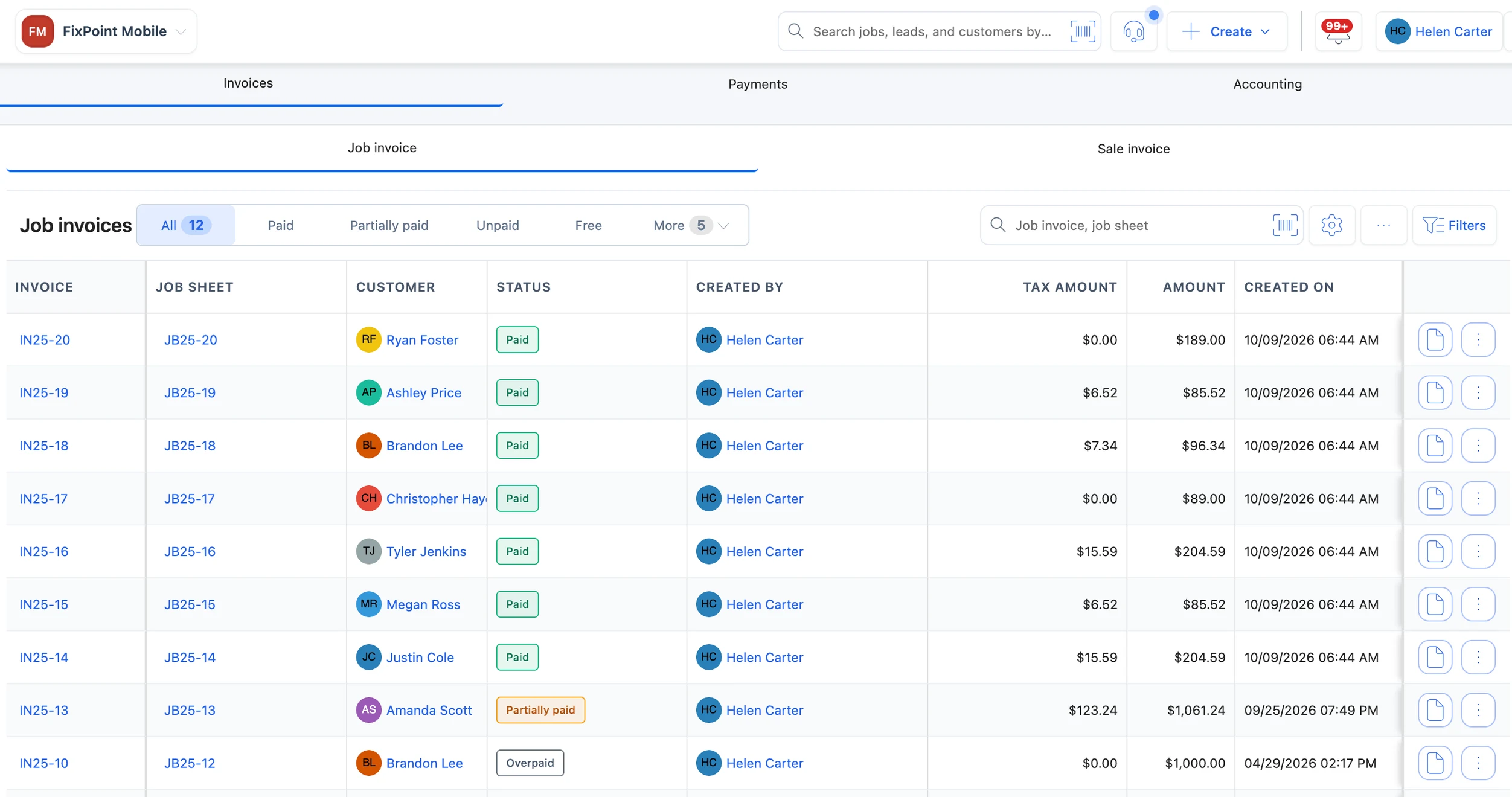BytePhase job invoices list with job sheet, customer, payment status, tax and amount