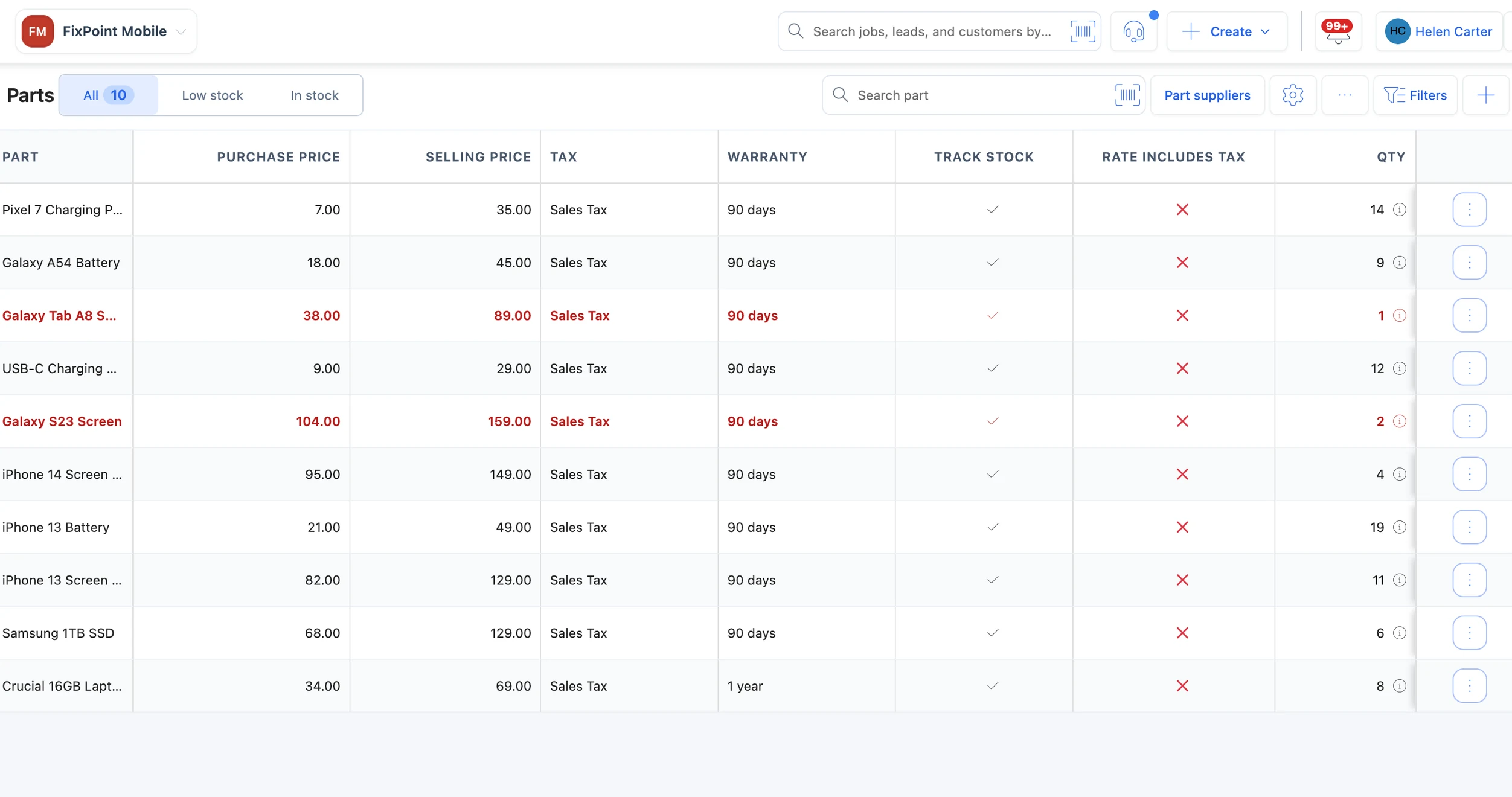 BytePhase parts inventory with purchase and selling prices, tax, warranty and stock, low-stock parts highlighted