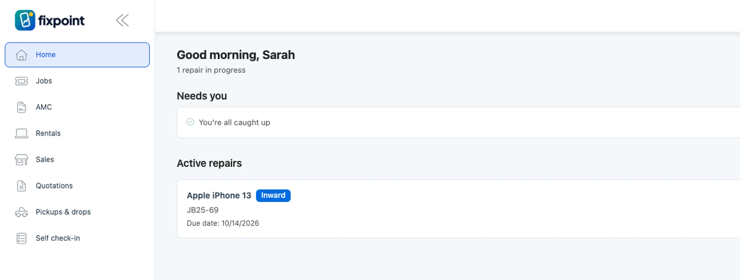 BytePhase customer portal home: greeting, items that need the customer, and their active repair with job number and due date