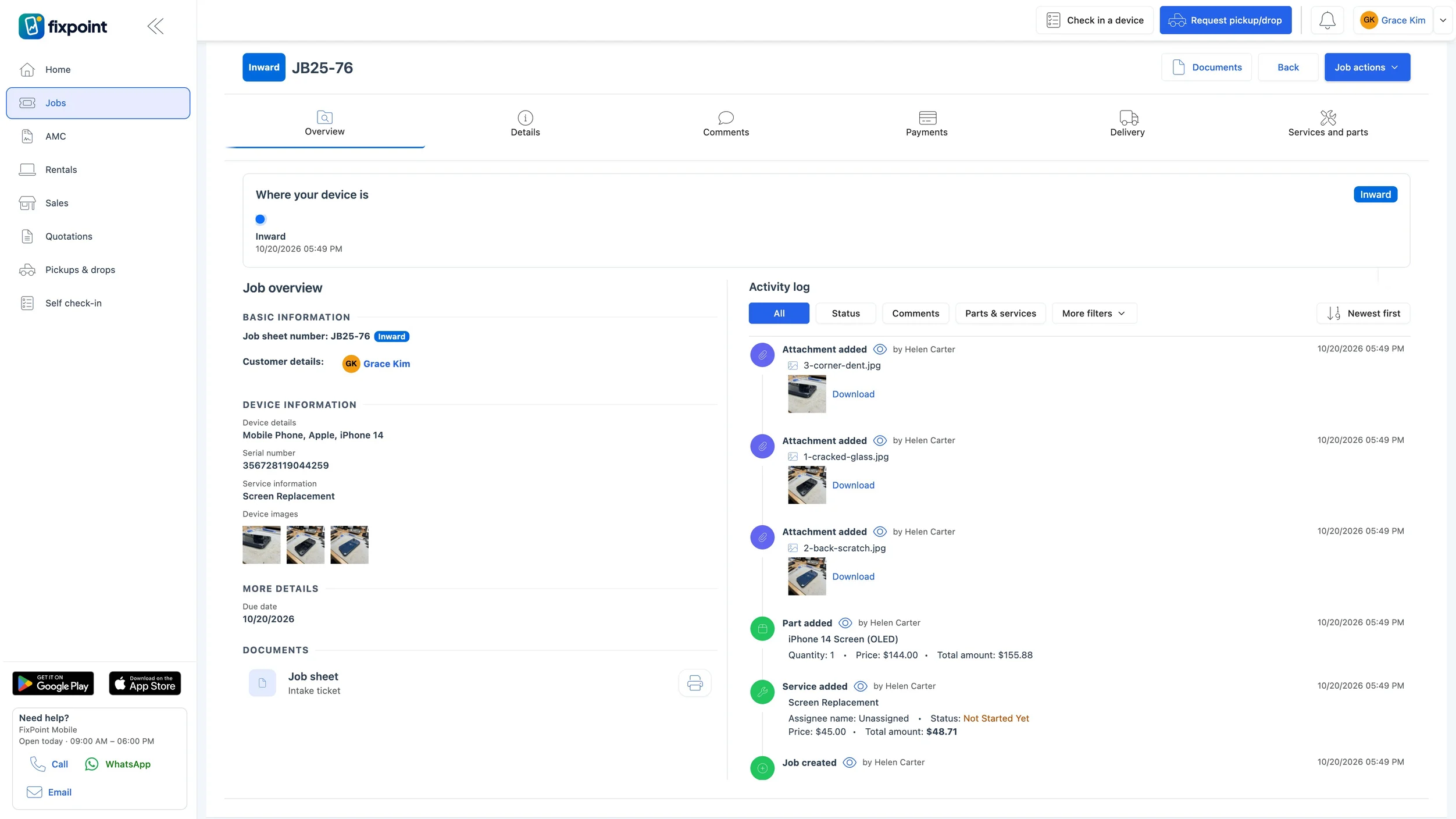 BytePhase customer portal showing a customer's repair job with device details, intake photos, parts and service charges, and the job sheet to download