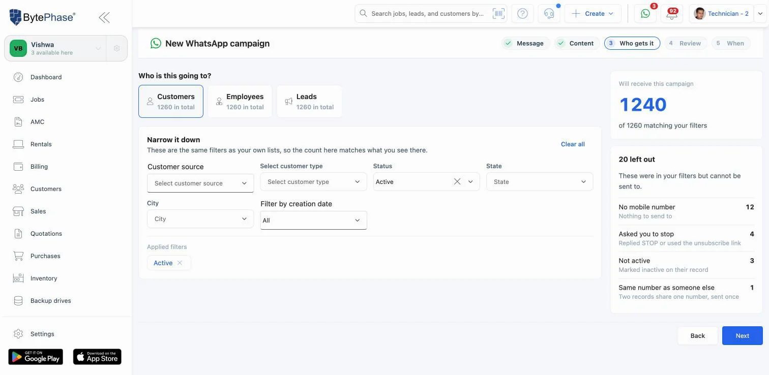 Choosing who gets a BytePhase WhatsApp campaign: 1,240 customers, with 20 left out for no mobile number, asked to stop, not active or a duplicate number