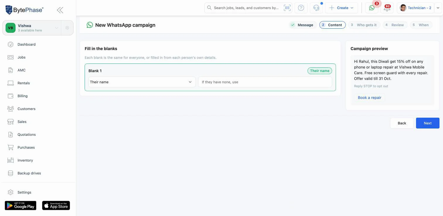 Filling the blanks of a WhatsApp campaign in BytePhase with each customer's name, with a live campaign preview