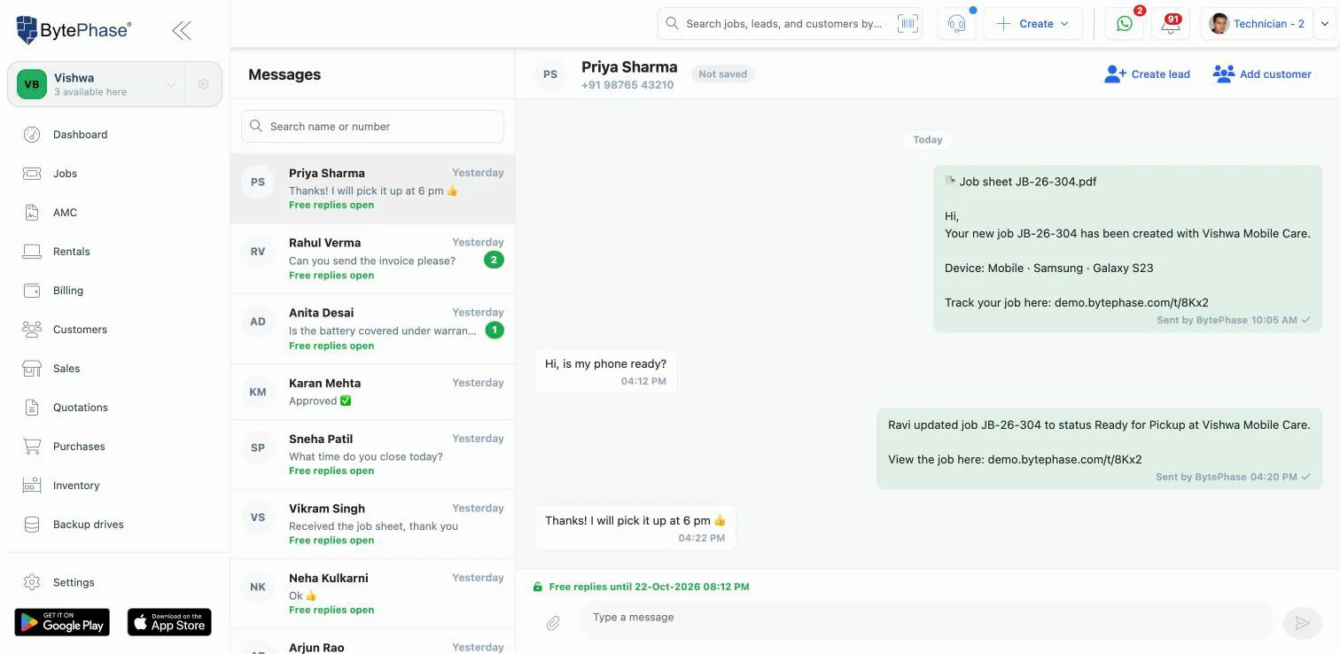 BytePhase WhatsApp inbox with a job sheet PDF, an automatic ready-for-pickup update and the customer reply