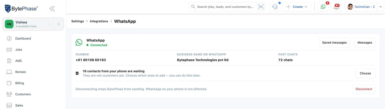BytePhase WhatsApp settings showing a connected WhatsApp Business number, past chats and phone contacts waiting to be added